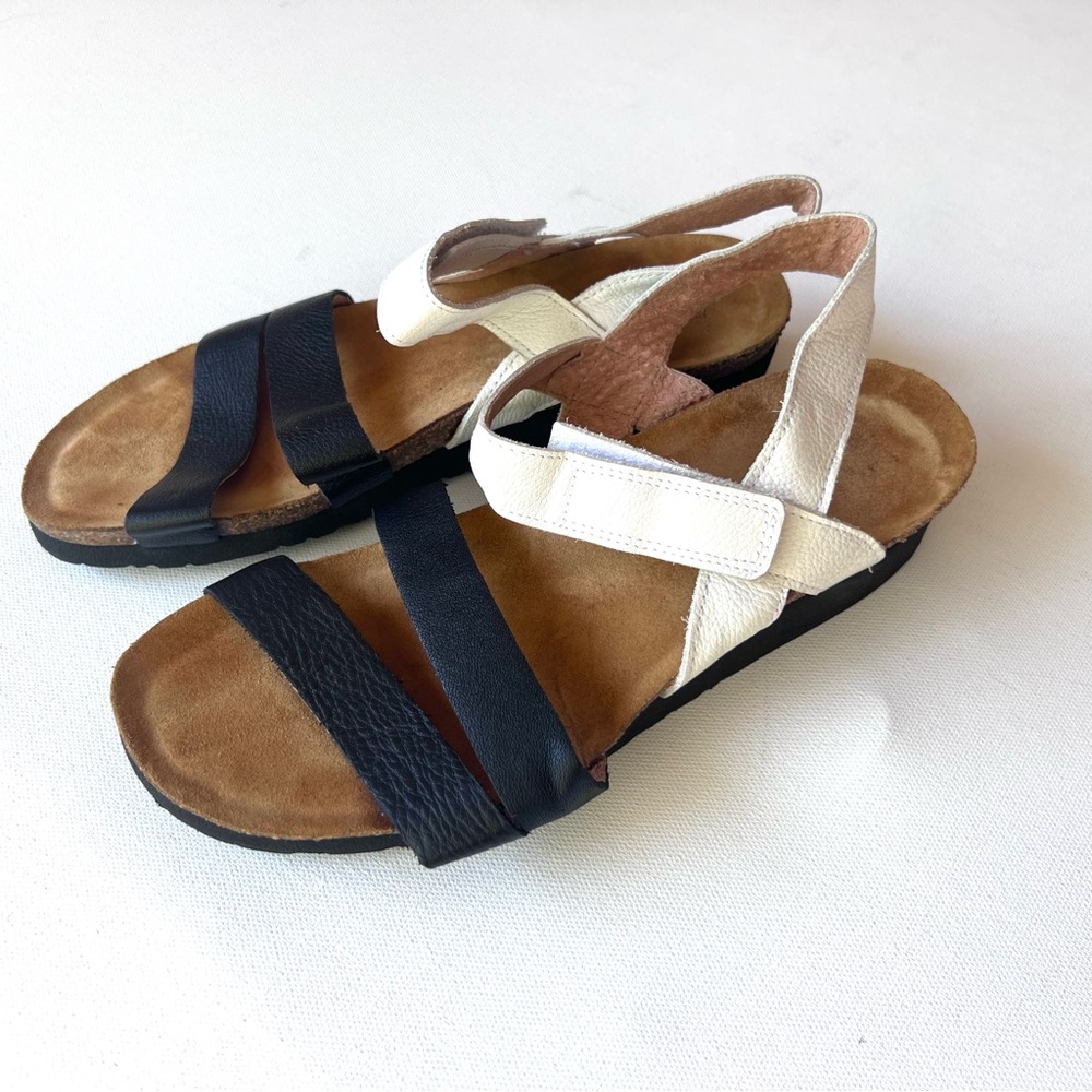 NAOT new black white leather strappy adjustable flat sandals 38 7.5